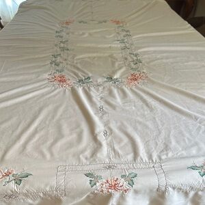 Floral Embroidered Tablecloth in Cream with Peach and Sage Accents